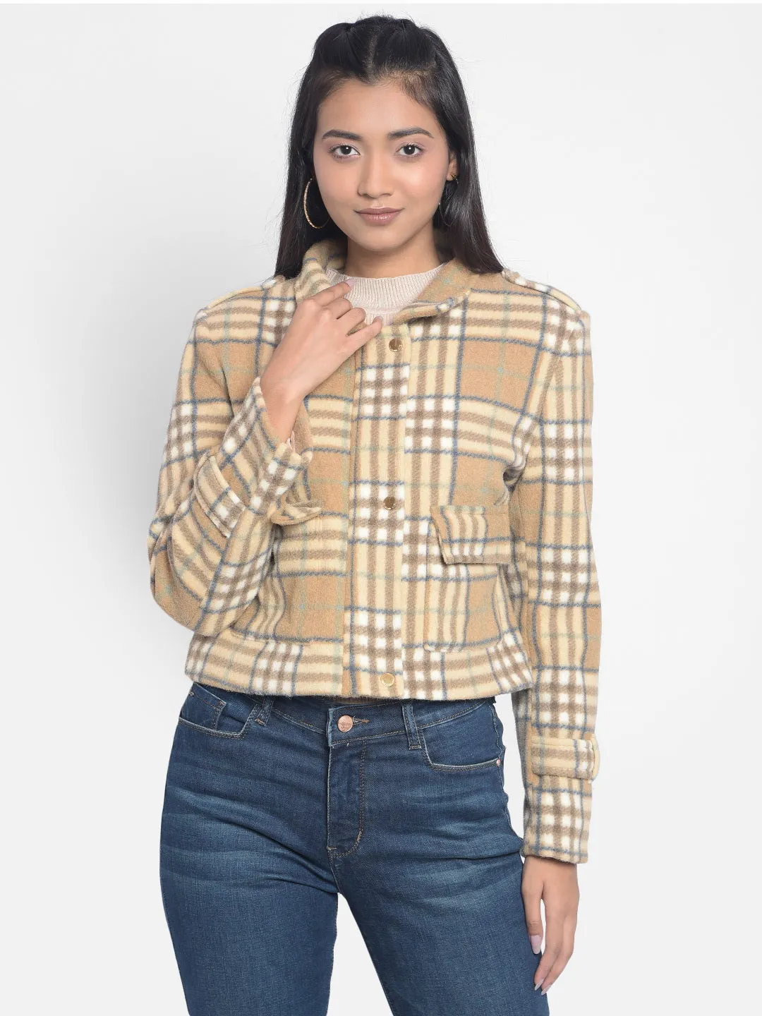 Brown Checked Crop Jackets