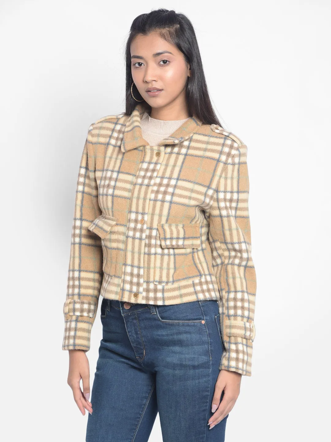 Brown Checked Crop Jackets