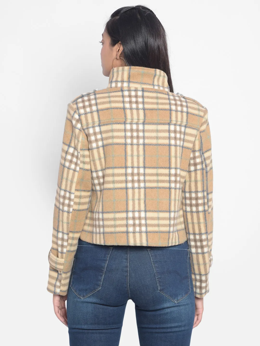 Brown Checked Crop Jackets