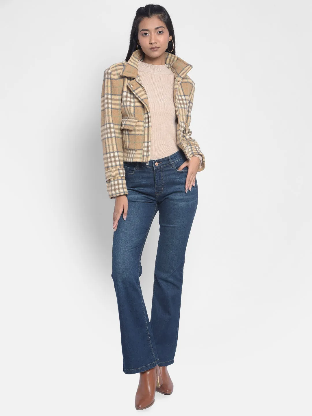 Brown Checked Crop Jackets