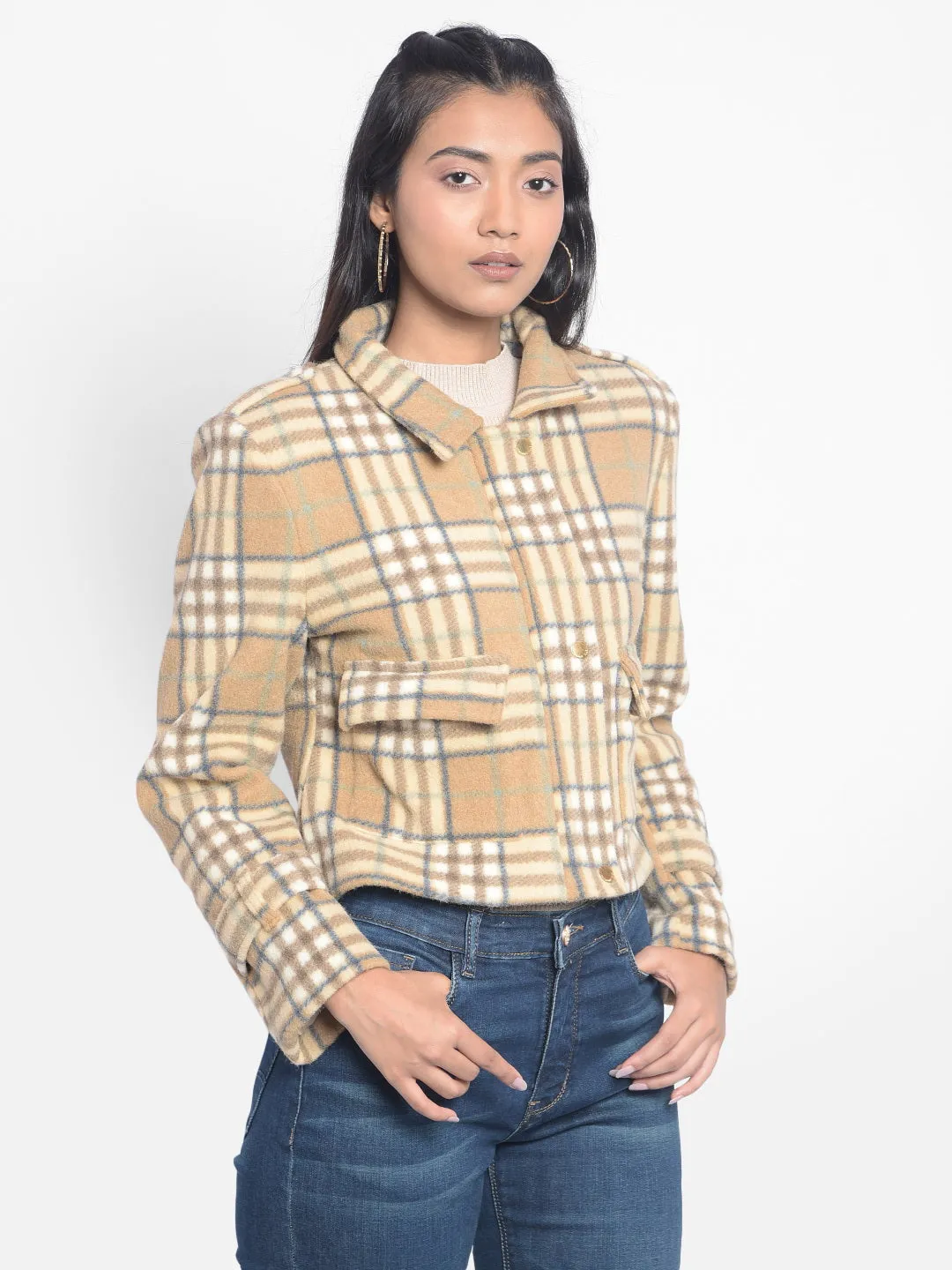 Brown Checked Crop Jackets