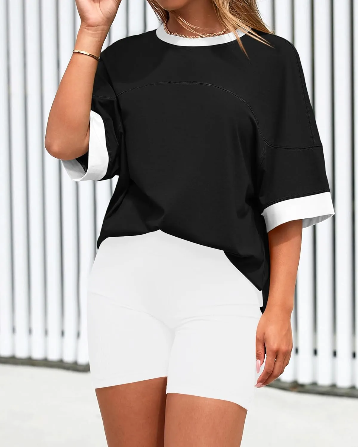 BTFBM Womens Oversized T Shirts Dressy Casual Short Sleeve Summer Tops Crew Neck Color Block Blouse Loose Fit Basic Tee