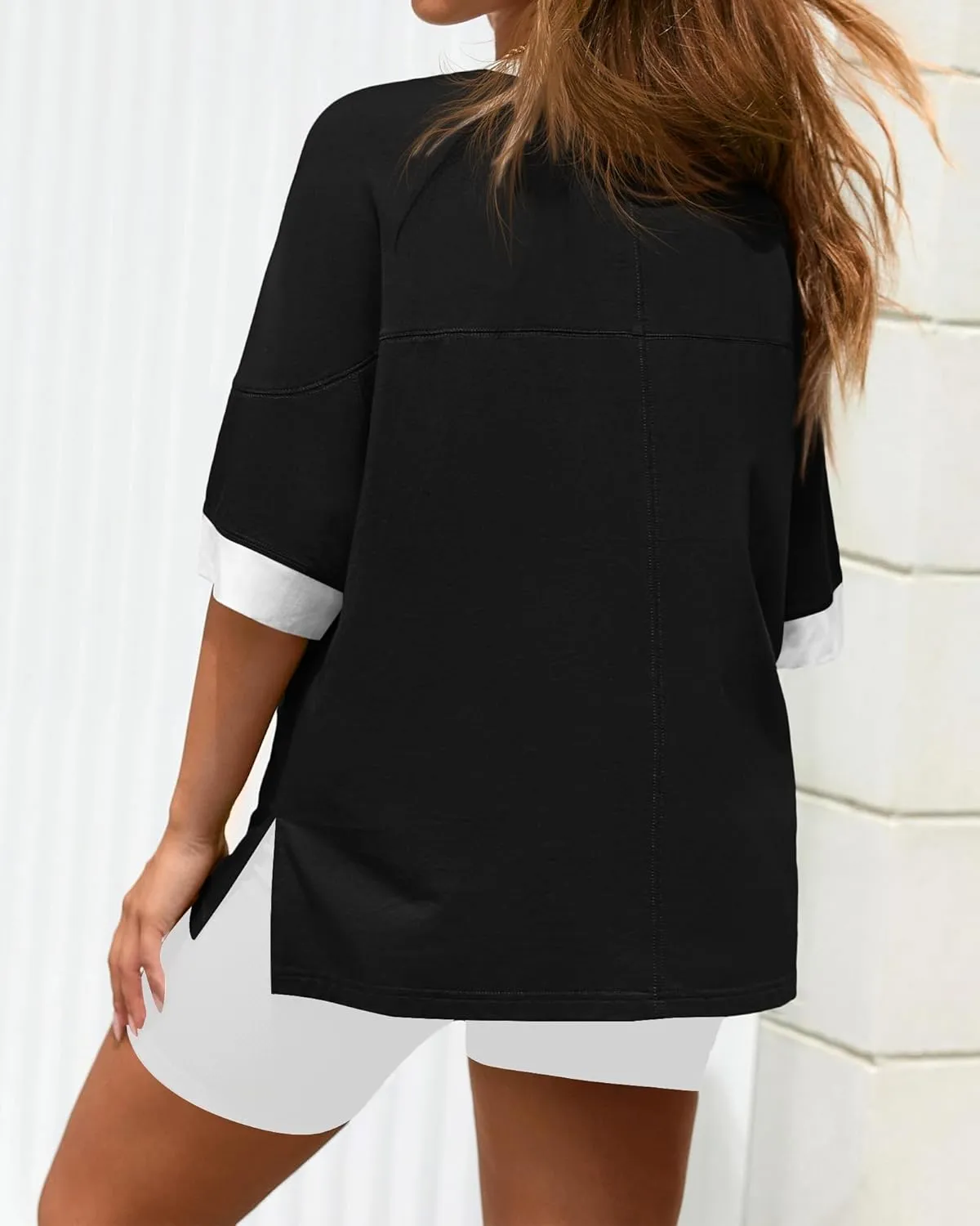 BTFBM Womens Oversized T Shirts Dressy Casual Short Sleeve Summer Tops Crew Neck Color Block Blouse Loose Fit Basic Tee