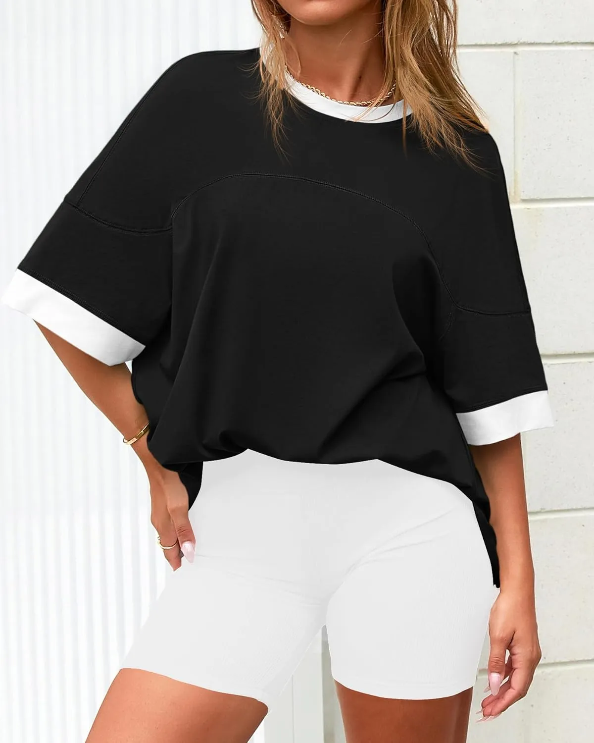 BTFBM Womens Oversized T Shirts Dressy Casual Short Sleeve Summer Tops Crew Neck Color Block Blouse Loose Fit Basic Tee