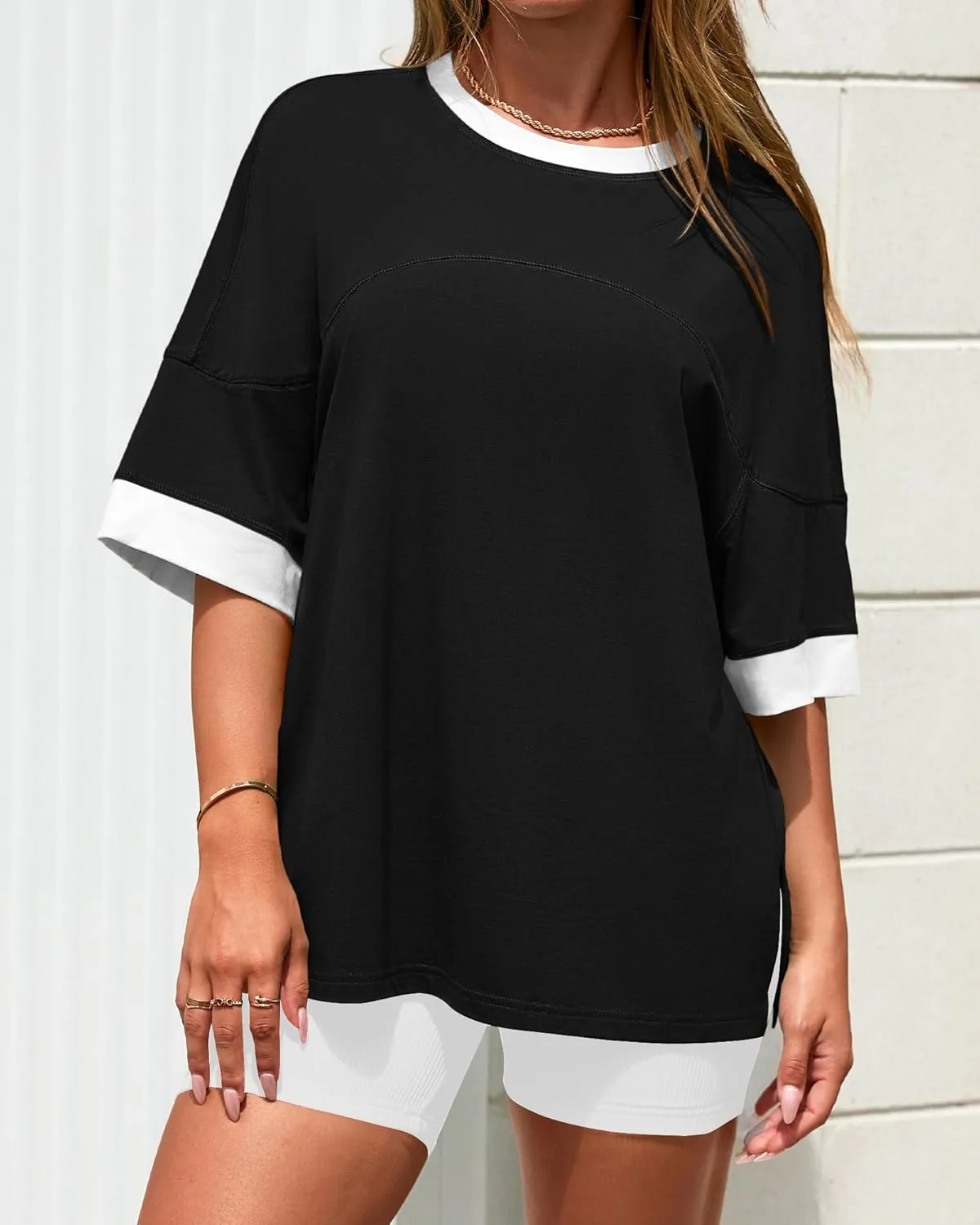 BTFBM Womens Oversized T Shirts Dressy Casual Short Sleeve Summer Tops Crew Neck Color Block Blouse Loose Fit Basic Tee
