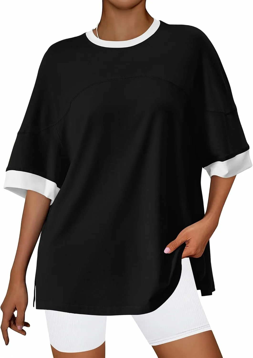 BTFBM Womens Oversized T Shirts Dressy Casual Short Sleeve Summer Tops Crew Neck Color Block Blouse Loose Fit Basic Tee