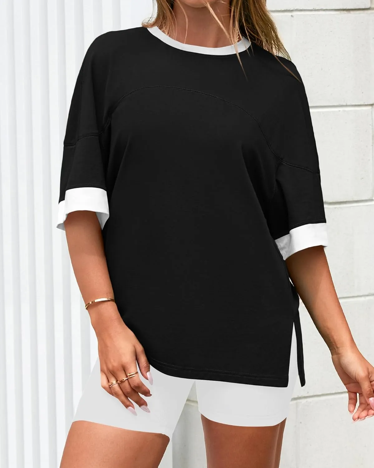 BTFBM Womens Oversized T Shirts Dressy Casual Short Sleeve Summer Tops Crew Neck Color Block Blouse Loose Fit Basic Tee