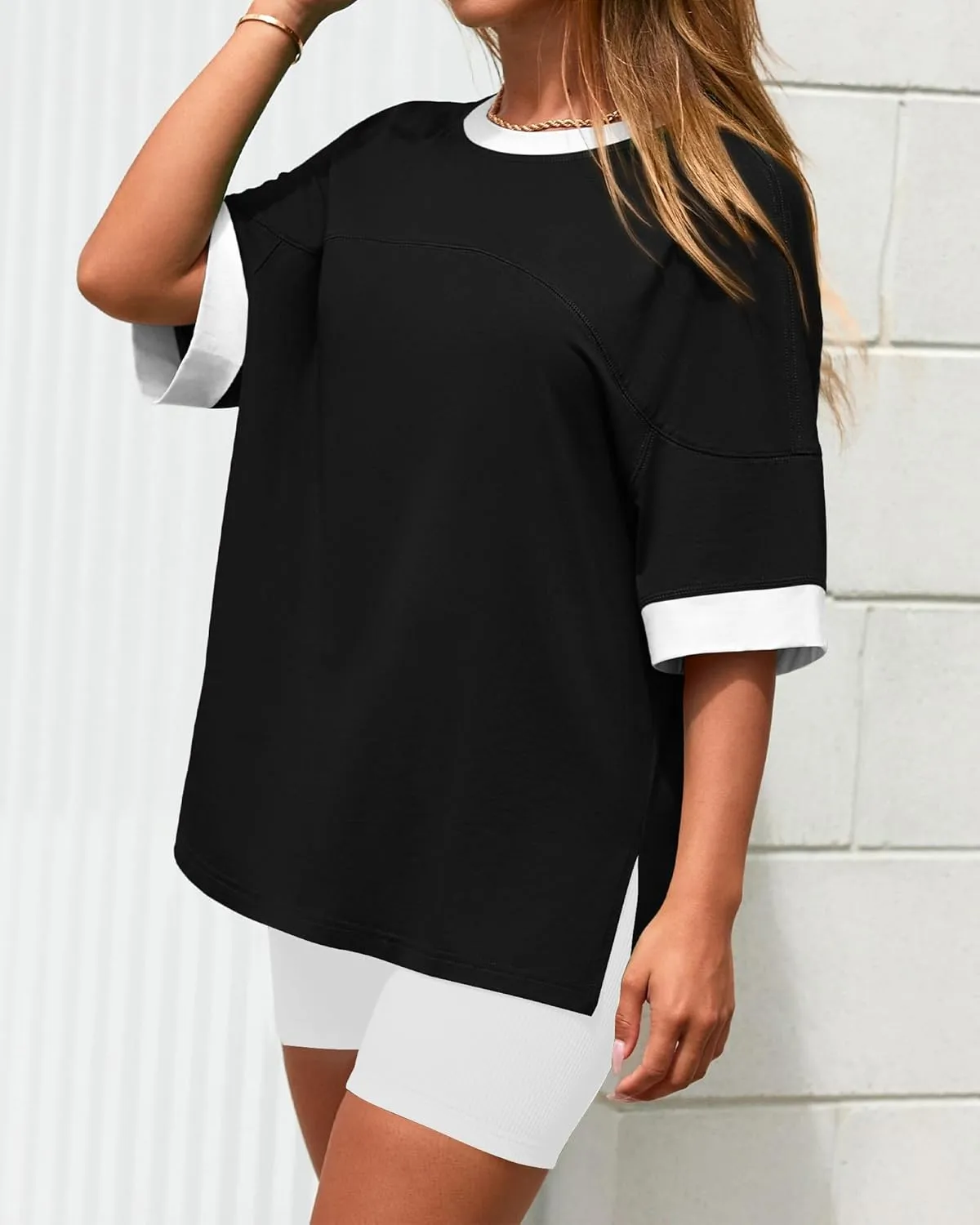 BTFBM Womens Oversized T Shirts Dressy Casual Short Sleeve Summer Tops Crew Neck Color Block Blouse Loose Fit Basic Tee