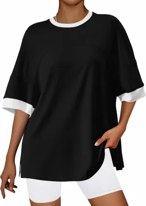 BTFBM Womens Oversized T Shirts Dressy Casual Short Sleeve Summer Tops Crew Neck Color Block Blouse Loose Fit Basic Tee