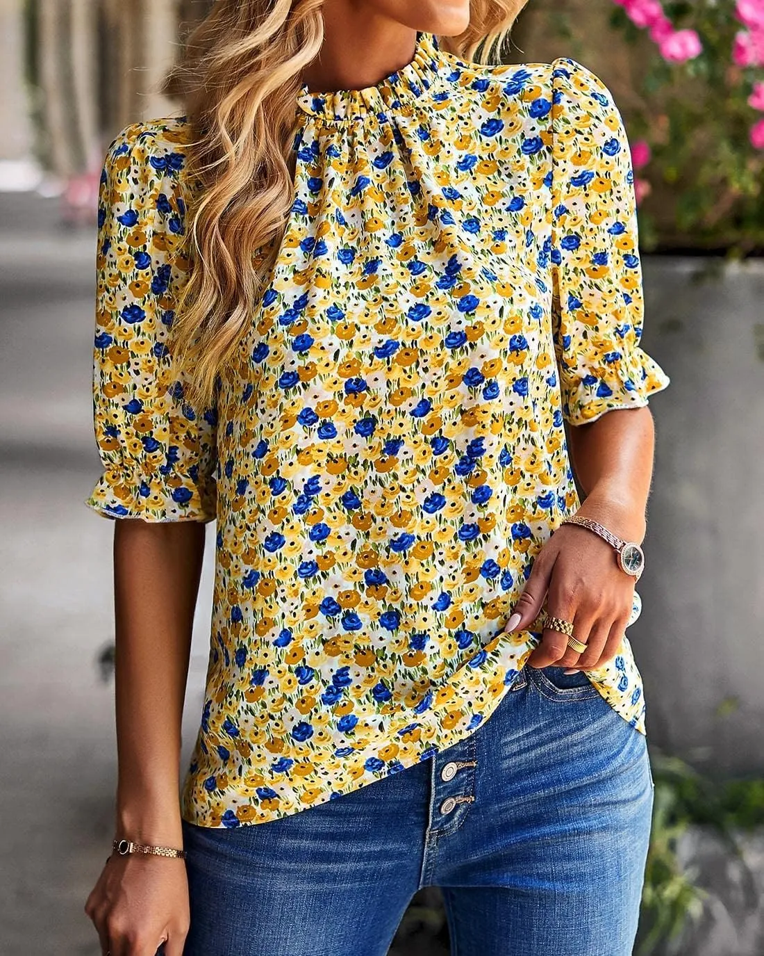 BTFBM Women's Summer Boho Shirt Top Ruffle Short Sleeve Frill Trim Mock Neck Floral Solid 2025 Casual Blouses Shirts Tops