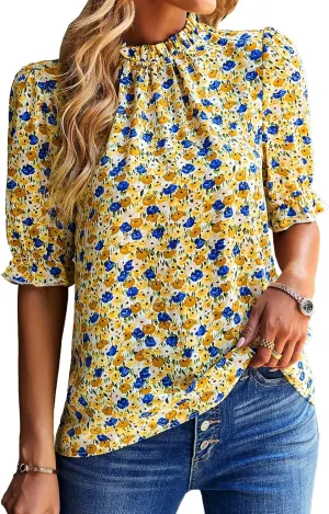 BTFBM Women's Summer Boho Shirt Top Ruffle Short Sleeve Frill Trim Mock Neck Floral Solid 2025 Casual Blouses Shirts Tops