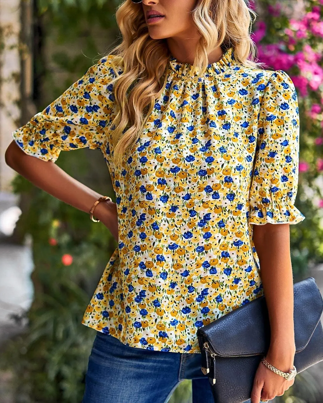 BTFBM Women's Summer Boho Shirt Top Ruffle Short Sleeve Frill Trim Mock Neck Floral Solid 2025 Casual Blouses Shirts Tops