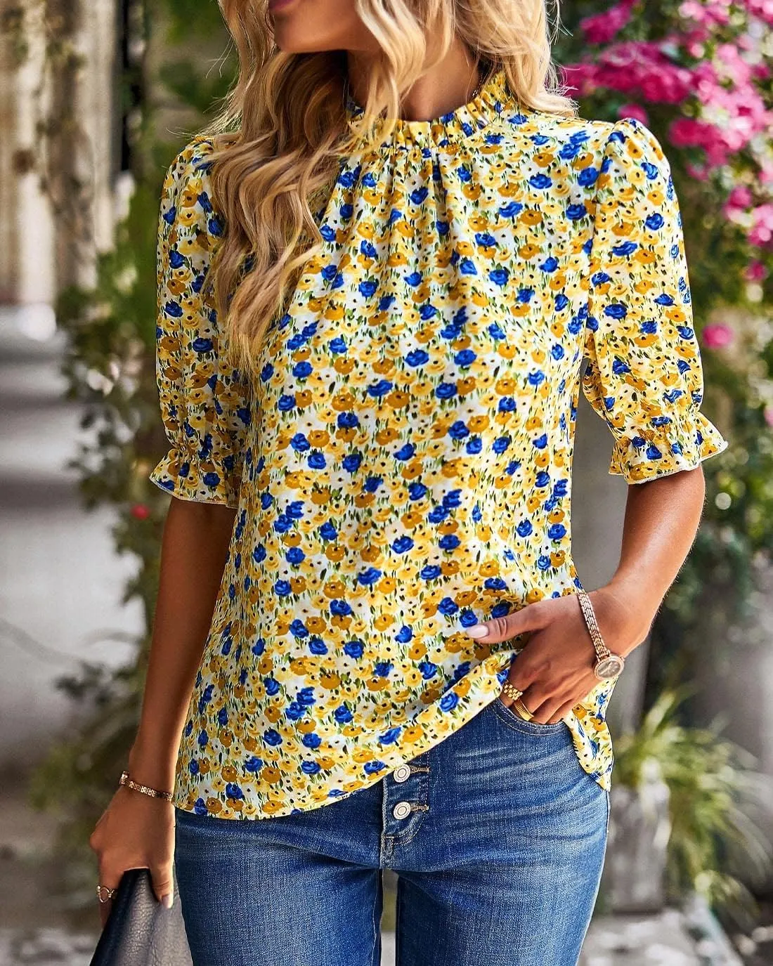 BTFBM Women's Summer Boho Shirt Top Ruffle Short Sleeve Frill Trim Mock Neck Floral Solid 2025 Casual Blouses Shirts Tops