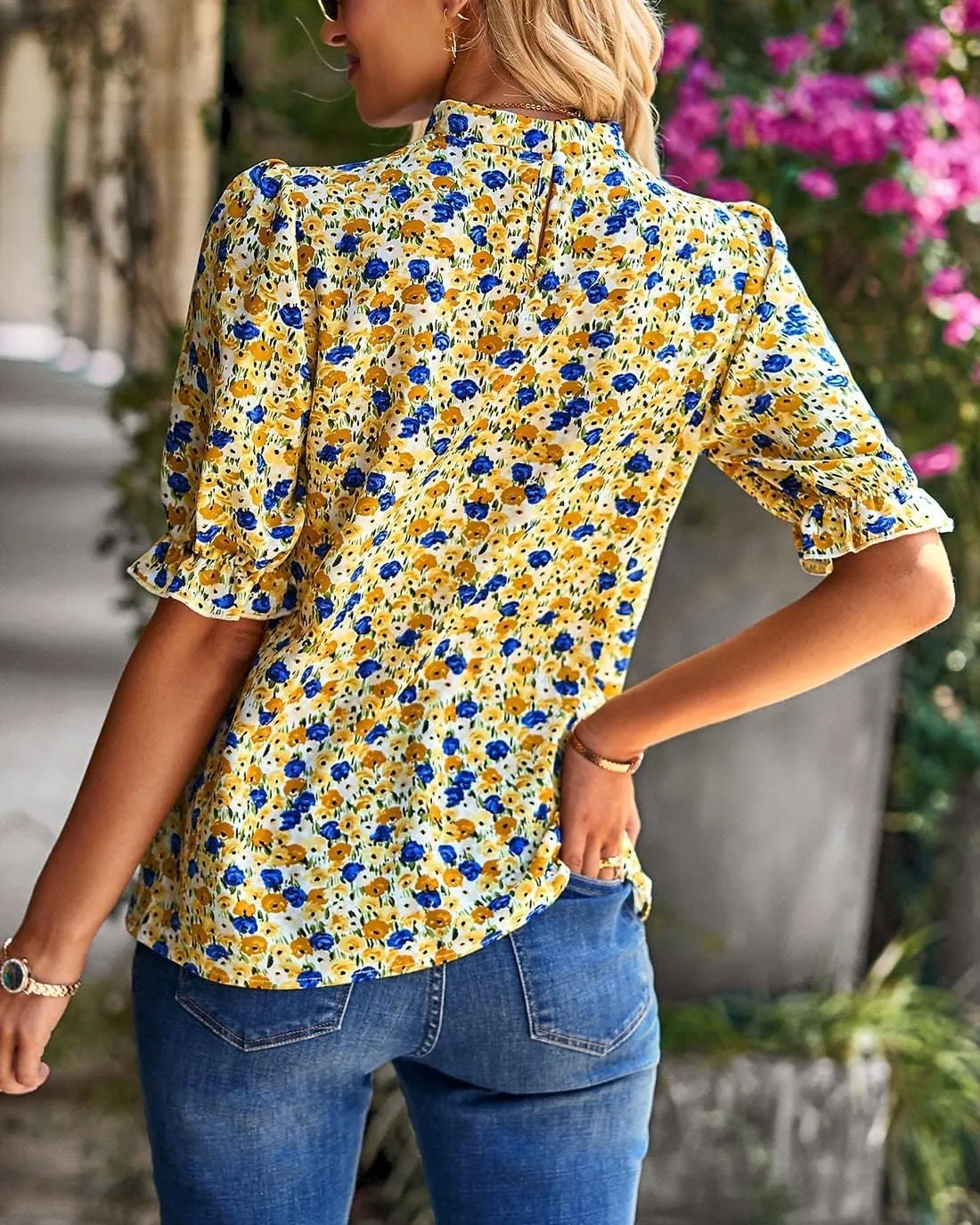 BTFBM Women's Summer Boho Shirt Top Ruffle Short Sleeve Frill Trim Mock Neck Floral Solid 2025 Casual Blouses Shirts Tops