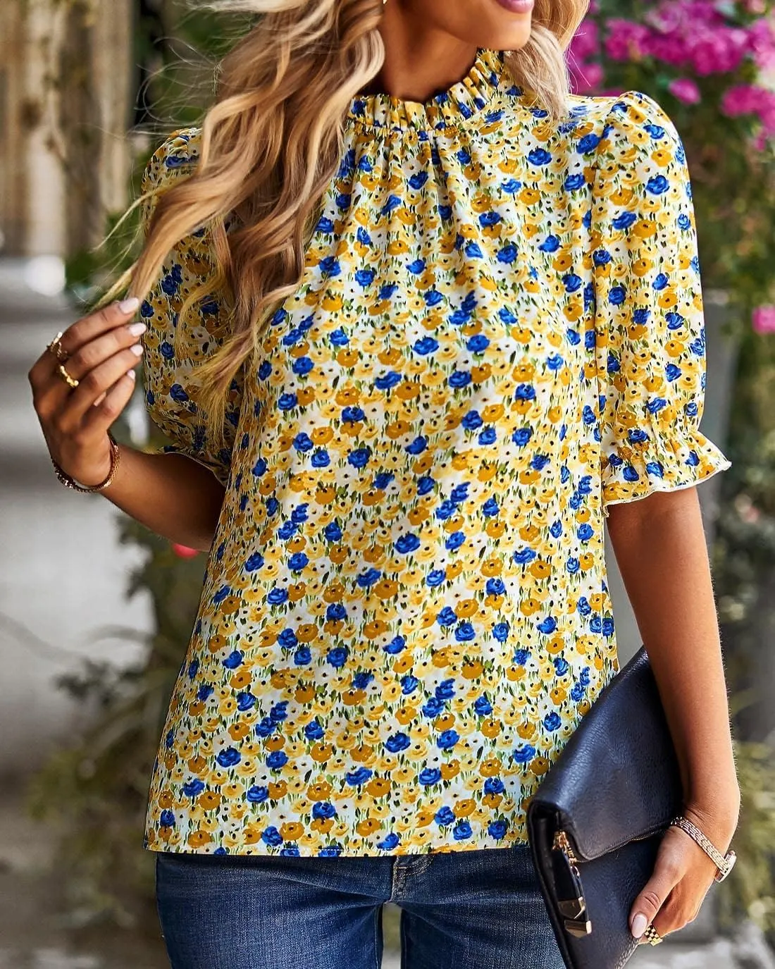 BTFBM Women's Summer Boho Shirt Top Ruffle Short Sleeve Frill Trim Mock Neck Floral Solid 2025 Casual Blouses Shirts Tops