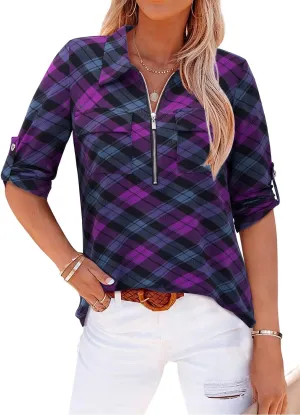 Bulotus Women's 3/4 Sleeve Collared Blouses Business Casual Zip Front V Neck Loose Fit Tunic Tops