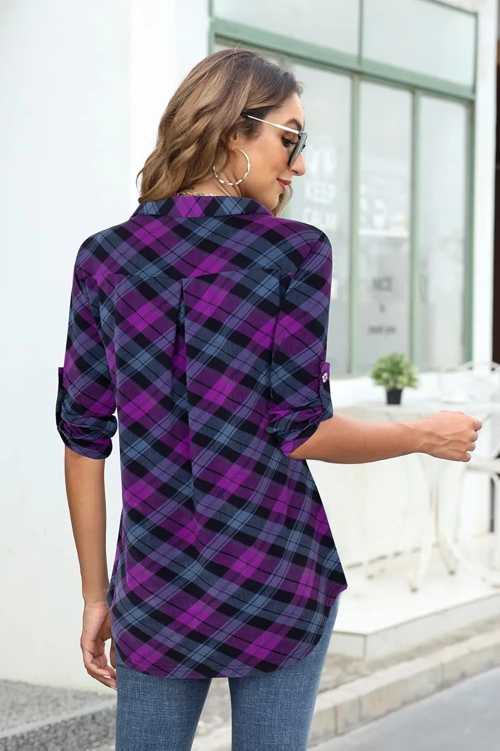 Bulotus Women's 3/4 Sleeve Collared Blouses Business Casual Zip Front V Neck Loose Fit Tunic Tops