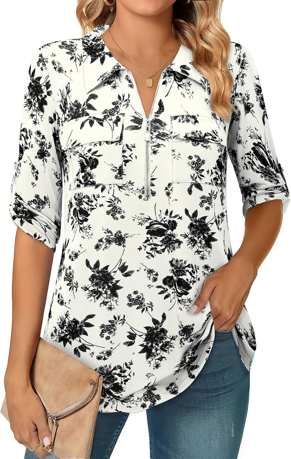Bulotus Women's 3/4 Sleeve Collared Blouses Business Casual Zip Front V Neck Loose Fit Tunic Tops