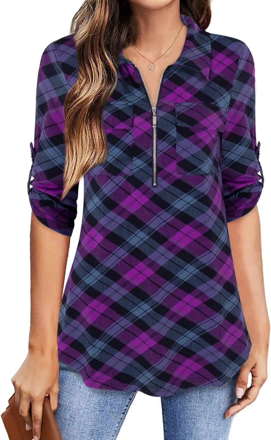 Bulotus Women's 3/4 Sleeve Collared Blouses Business Casual Zip Front V Neck Loose Fit Tunic Tops
