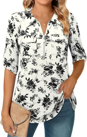 Bulotus Women's 3/4 Sleeve Collared Blouses Business Casual Zip Front V Neck Loose Fit Tunic Tops