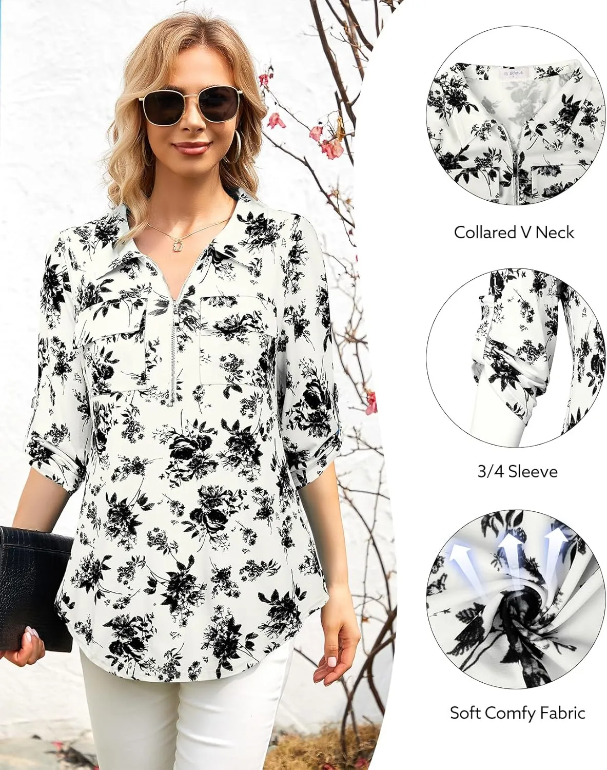 Bulotus Women's 3/4 Sleeve Collared Blouses Business Casual Zip Front V Neck Loose Fit Tunic Tops