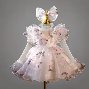 Butterfly Print Pink Flower Girl Dress for Wedding – Long Sleeve Tulle Plus Size