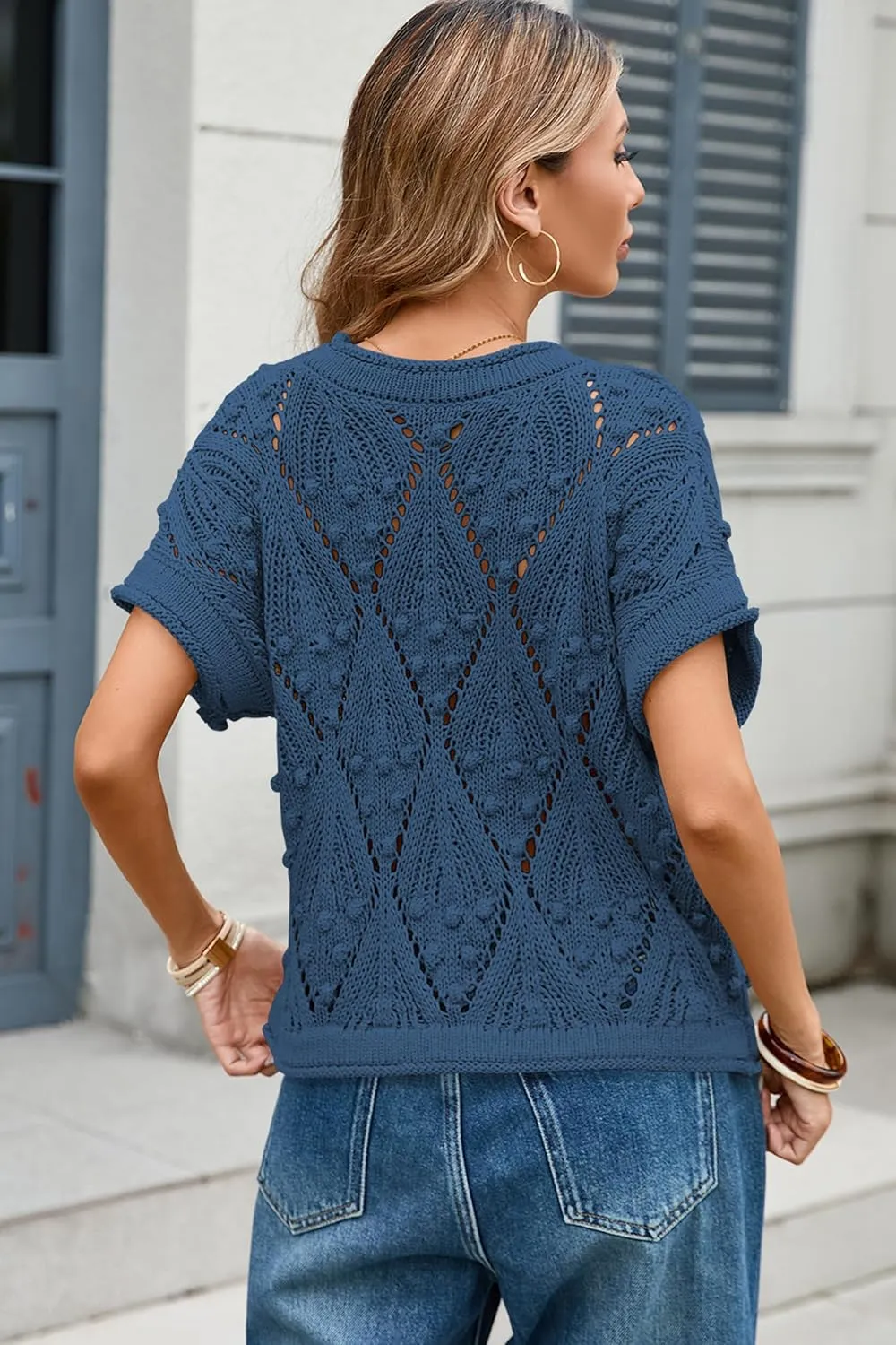 Cakulo Womens Summer Short Sleeve Crop Boho Tops Crochet Lightweight Sweaters 2025 Knit Top Casual Blouses