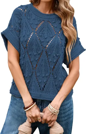 Cakulo Womens Summer Short Sleeve Crop Boho Tops Crochet Lightweight Sweaters 2025 Knit Top Casual Blouses