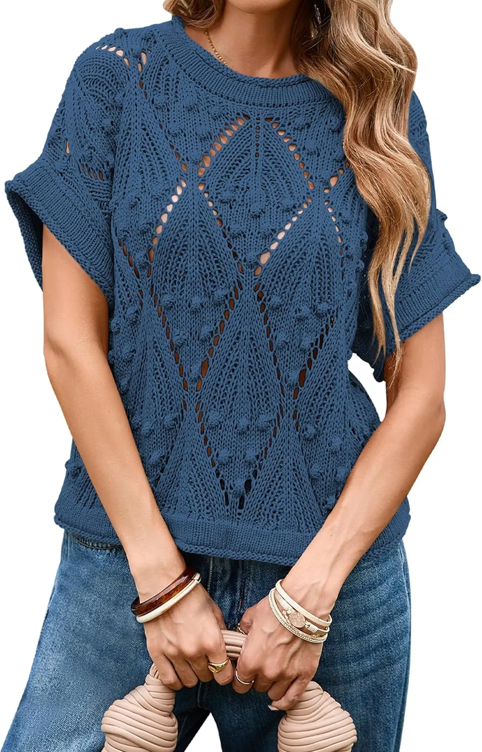 Cakulo Womens Summer Short Sleeve Crop Boho Tops Crochet Lightweight Sweaters 2025 Knit Top Casual Blouses