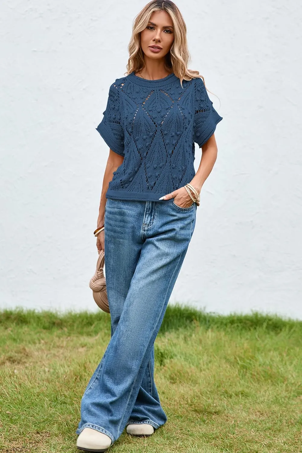 Cakulo Womens Summer Short Sleeve Crop Boho Tops Crochet Lightweight Sweaters 2025 Knit Top Casual Blouses