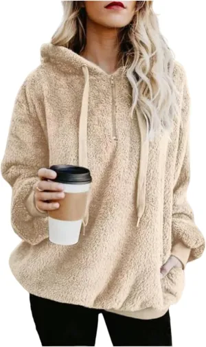 Canbebig Womens Fuzzy Fleece Hoodies 2023 Fashion Warm Oversized Quarter Zip Hooded Sweatshirt Sherpa Outerwear with Pockets