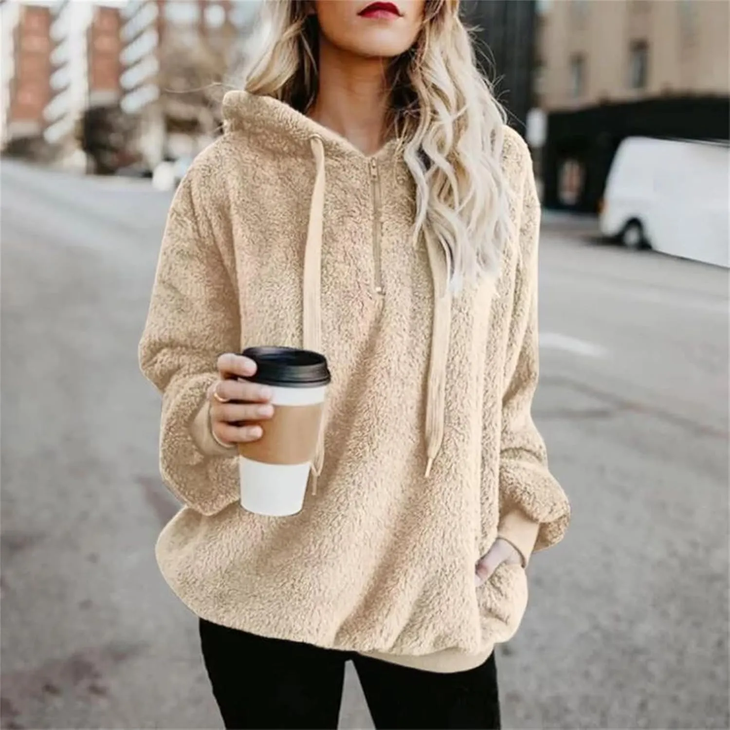 Canbebig Womens Fuzzy Fleece Hoodies 2023 Fashion Warm Oversized Quarter Zip Hooded Sweatshirt Sherpa Outerwear with Pockets
