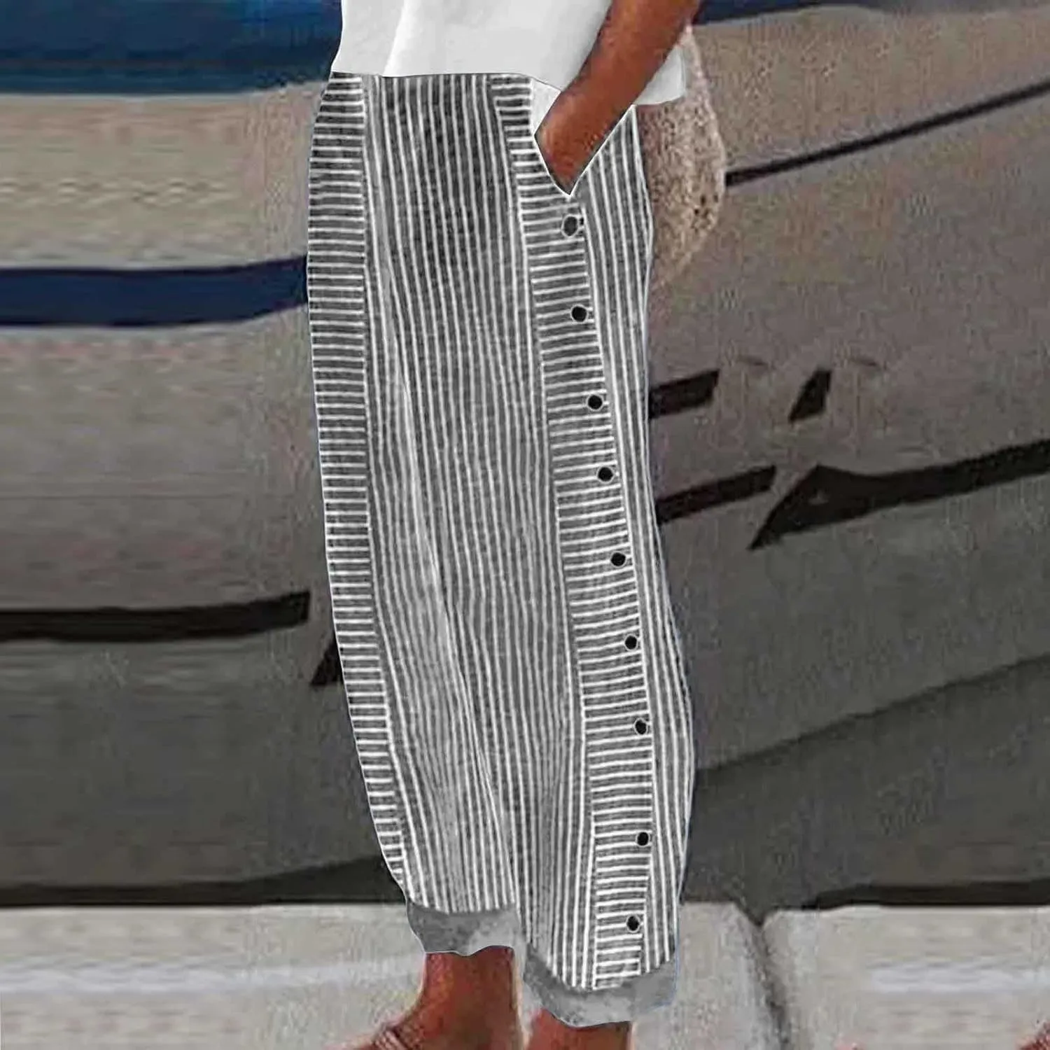 Capri Lounge Pants For Women Plus Size Loose Fitting High Waist Striped Drawstring Pants Wide Leg Cropped Trouser