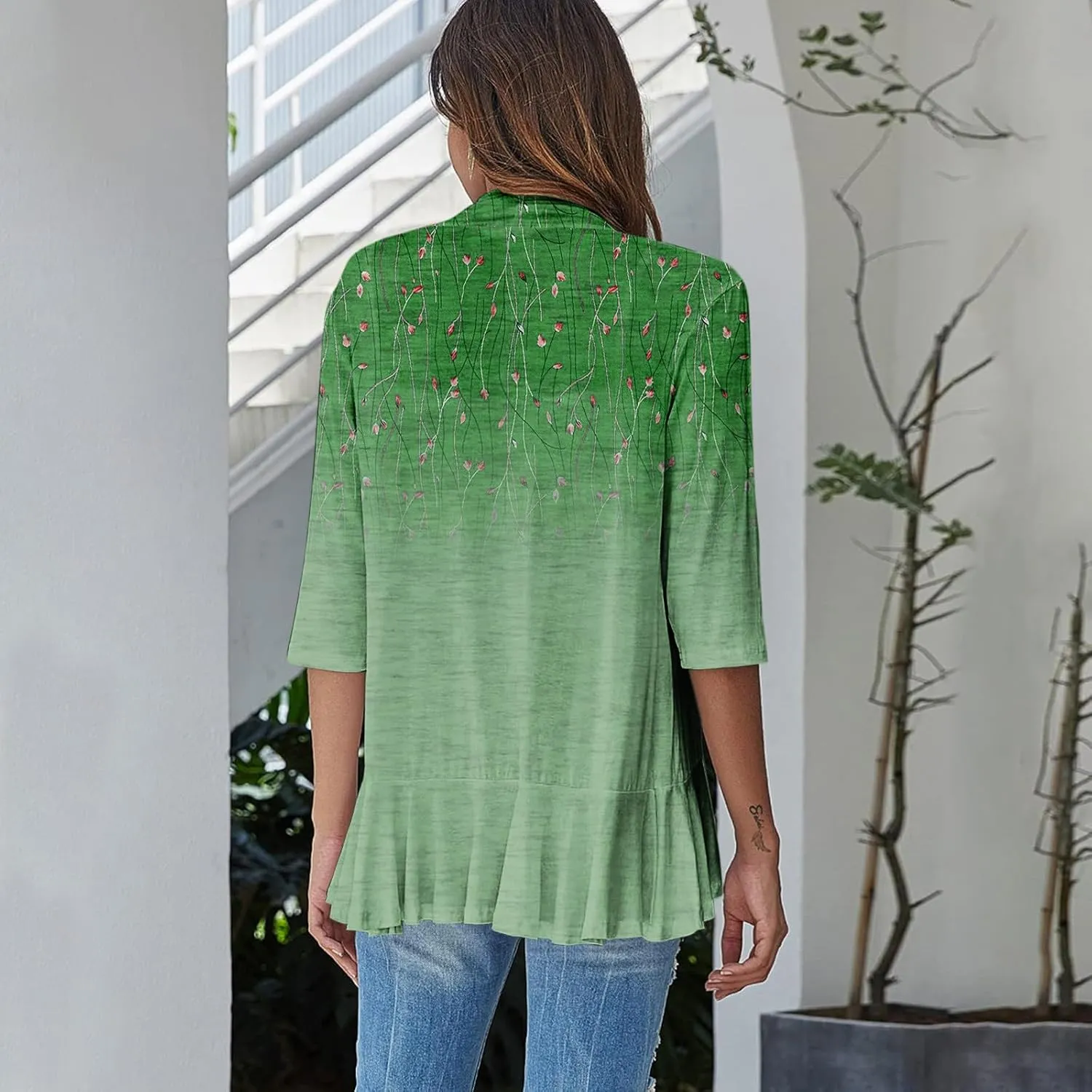 Cardigan for Women Draped Ruffles Printed Casual Tops 3/4 Sleeves Lightweight Open Front Shirts