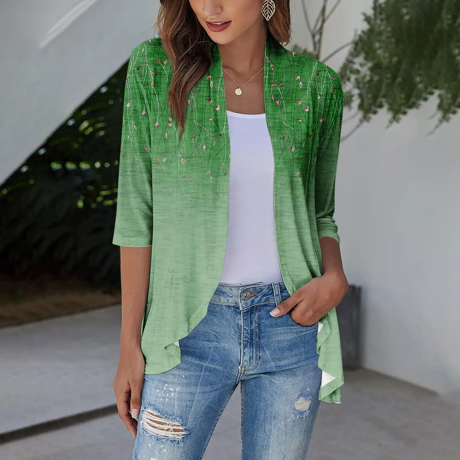 Cardigan for Women Draped Ruffles Printed Casual Tops 3/4 Sleeves Lightweight Open Front Shirts