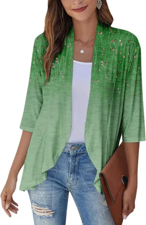 Cardigan for Women Draped Ruffles Printed Casual Tops 3/4 Sleeves Lightweight Open Front Shirts