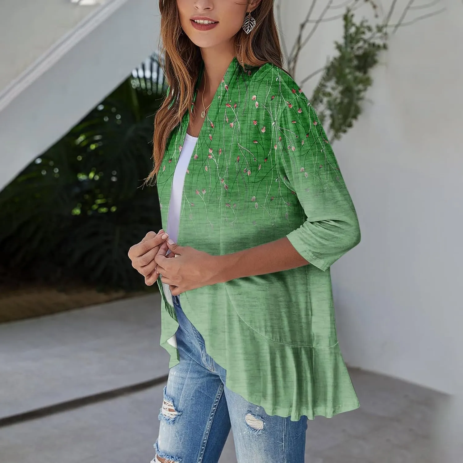 Cardigan for Women Draped Ruffles Printed Casual Tops 3/4 Sleeves Lightweight Open Front Shirts