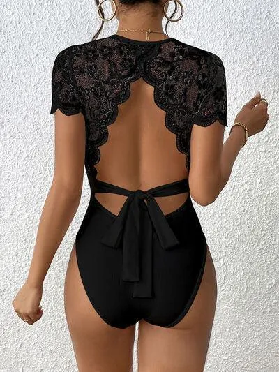 Casual Grandeur Backless Lace Bodysuit