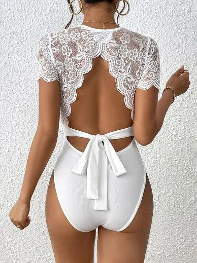 Casual Grandeur Backless Lace Bodysuit