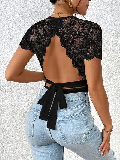 Casual Grandeur Backless Lace Bodysuit