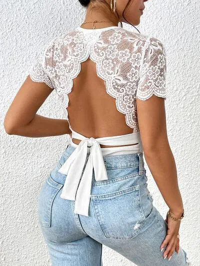 Casual Grandeur Backless Lace Bodysuit