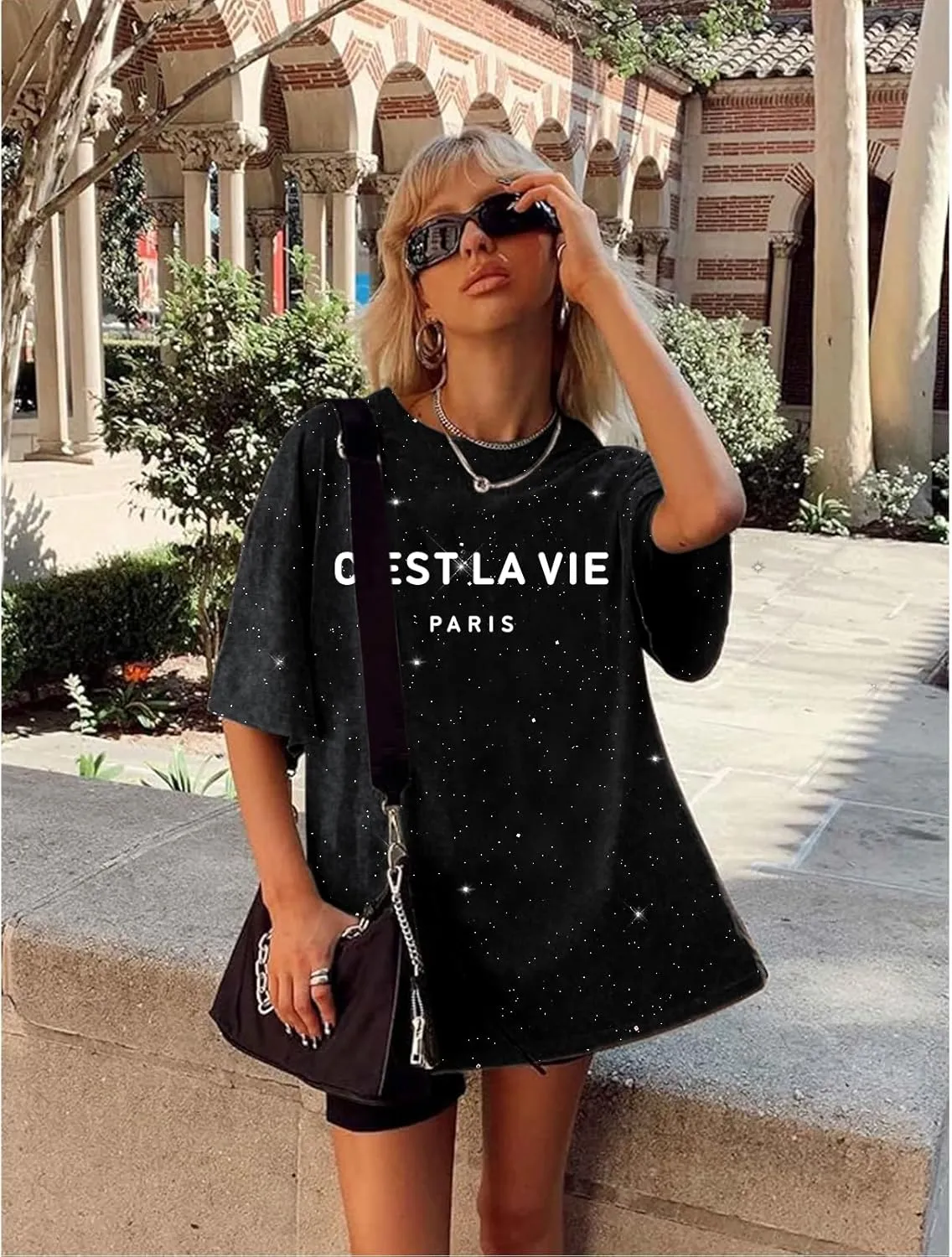 C'est La Vie Graphic Tees for Women Trendy Paris Oversized T Shirt Sparkly Shirts Casual Summer Short Sleeve Tops