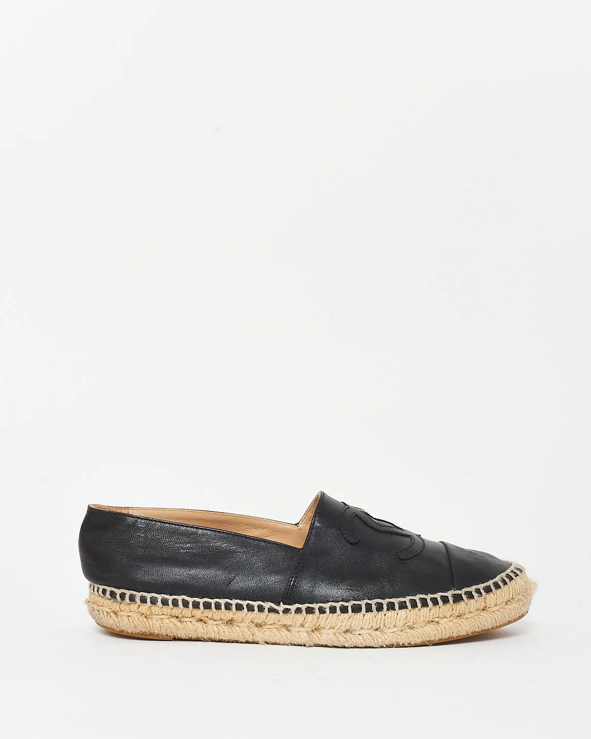 Chanel Black Leather Logo Espadrilles - 38