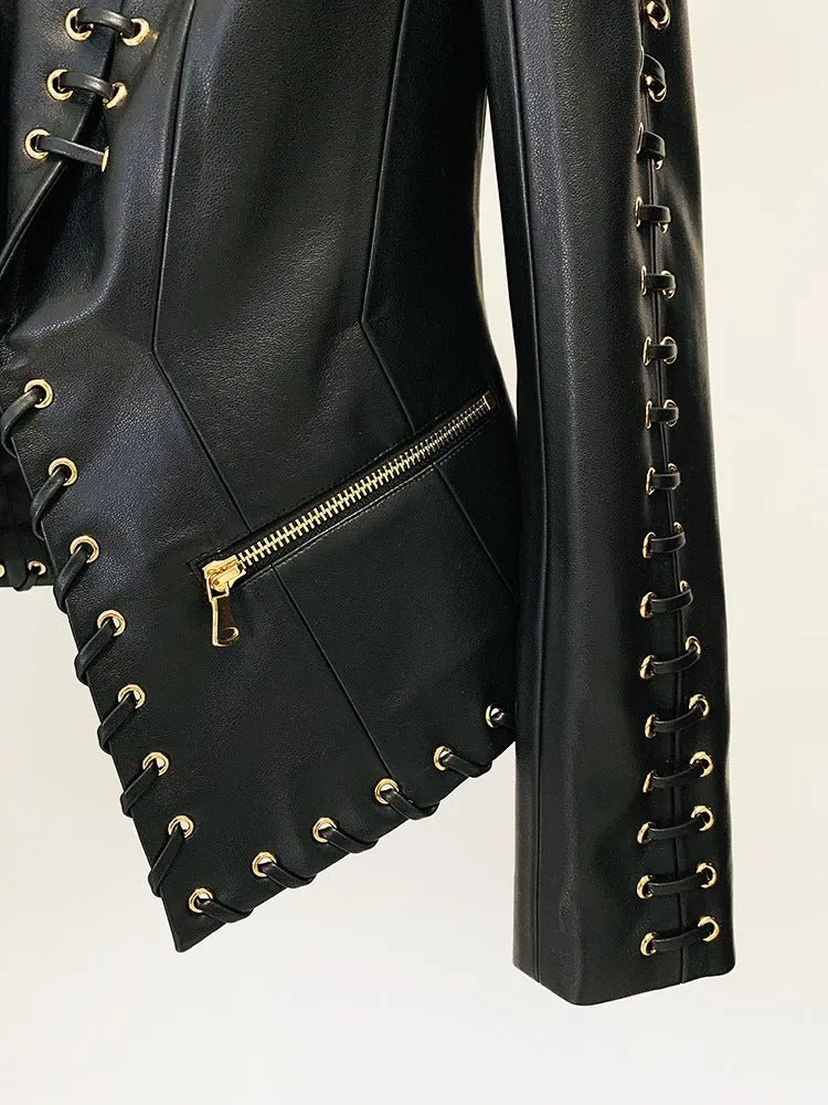 Chic Eyelet-Detail Faux Leather Blazer for Effortless Elegance