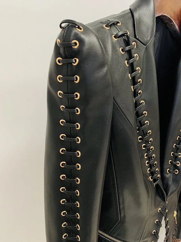 Chic Eyelet-Detail Faux Leather Blazer for Effortless Elegance