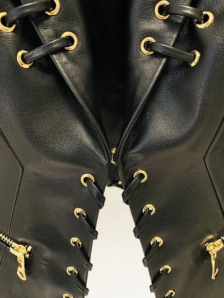 Chic Eyelet-Detail Faux Leather Blazer for Effortless Elegance