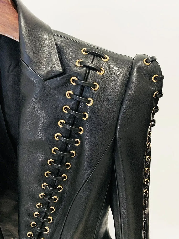 Chic Eyelet-Detail Faux Leather Blazer for Effortless Elegance