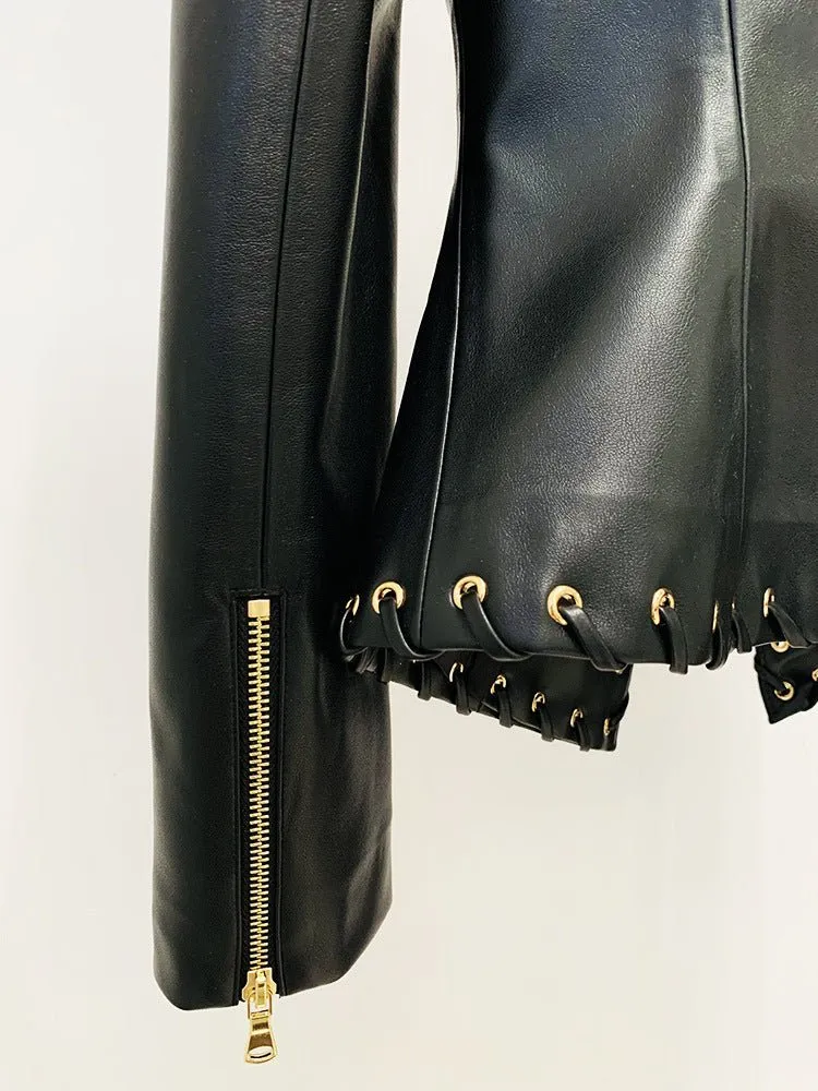 Chic Eyelet-Detail Faux Leather Blazer for Effortless Elegance