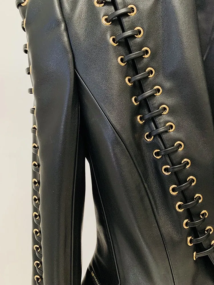 Chic Eyelet-Detail Faux Leather Blazer for Effortless Elegance