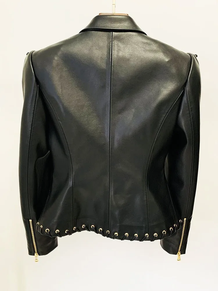 Chic Eyelet-Detail Faux Leather Blazer for Effortless Elegance